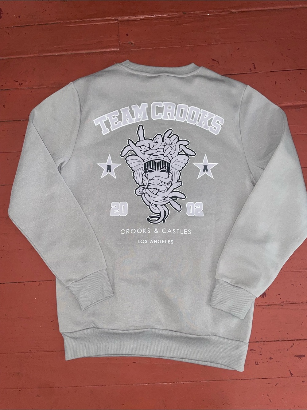 Crooks & Castles Light Gray Crewneck with Team Crooks Back Graphic